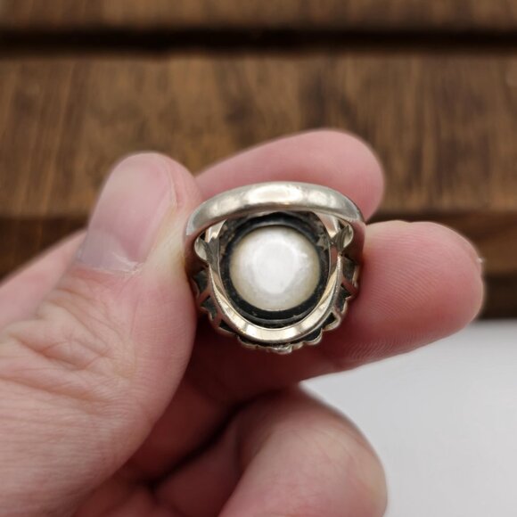 Size 6.25 Sterling Silver Large Genuine Pearl With Marcasite's Ring A866 - Picture 5 of 8